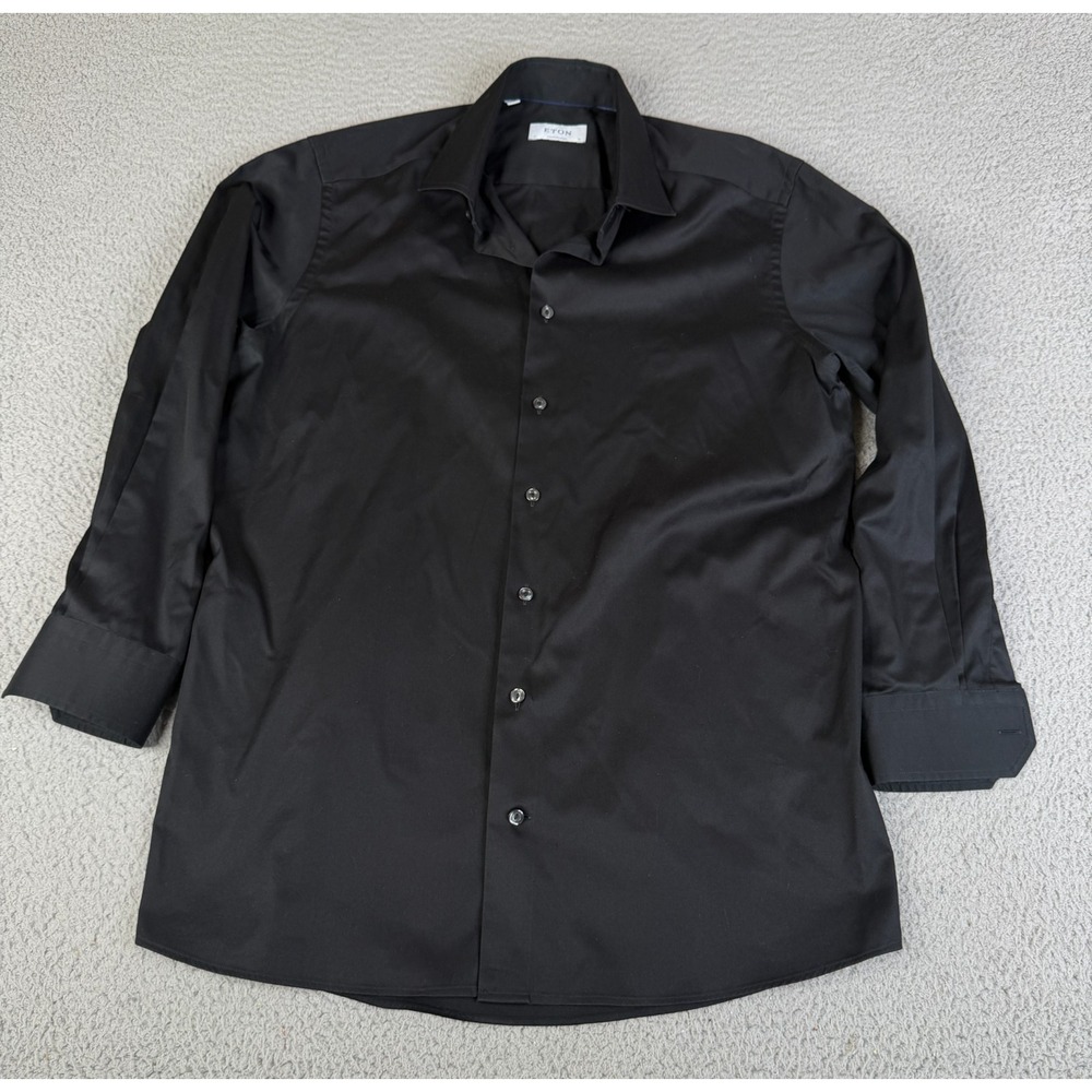 Eton Contemporary Dress Shirt Men 41 -16 Black Button Luxury Formal Solid Spread
